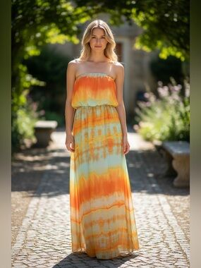 Strapless Tie-Dye Maxi Dress in Orange and Aqua